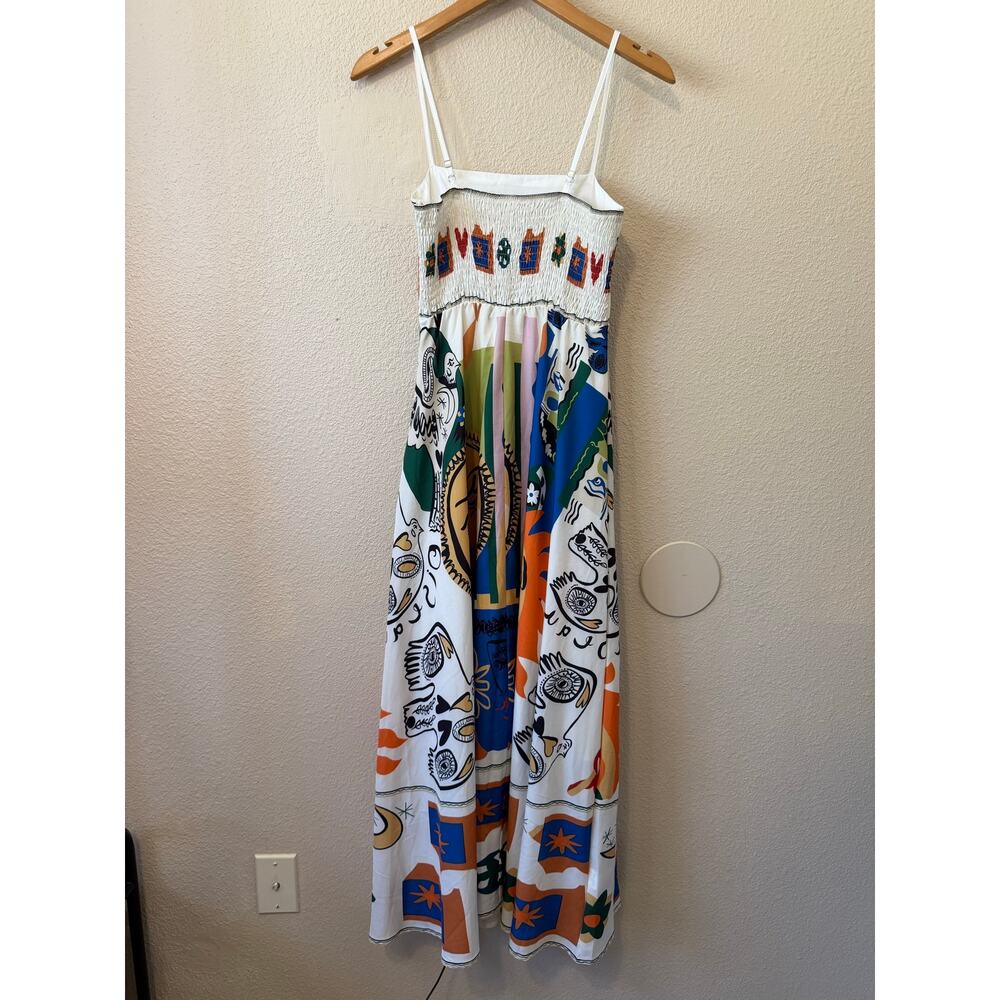 Pink Ripple Boho Multicolor Print Empire Waist Spaghetti Strap Midi Dress Medium - Picture 6 of 14